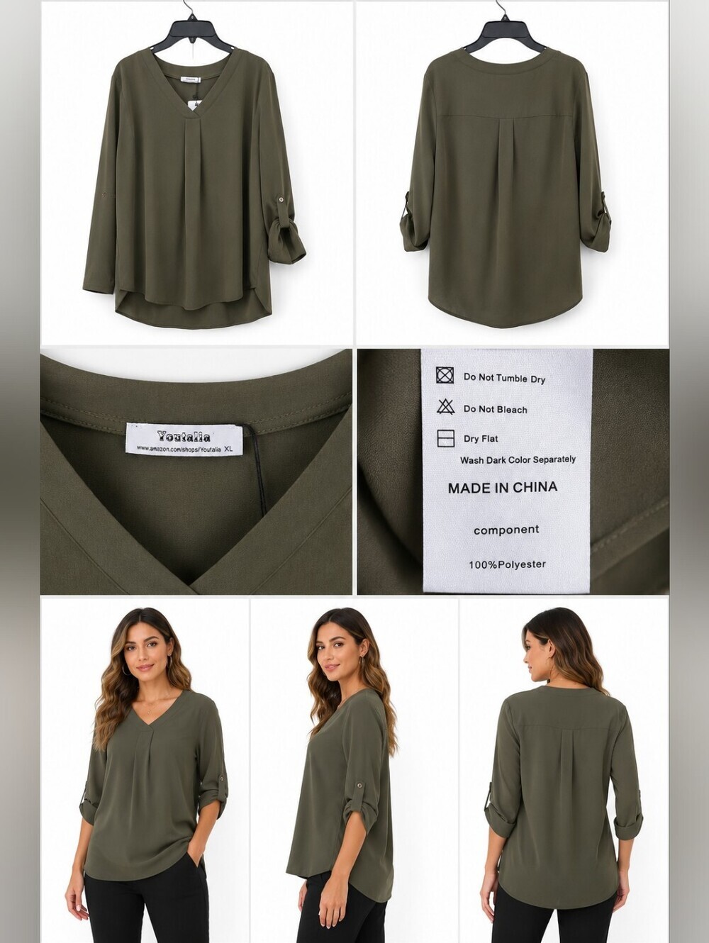Youtalia Women's XL Olive Green V-Neck Blouse Roll Tab Sleeve Tunic Top NWT.